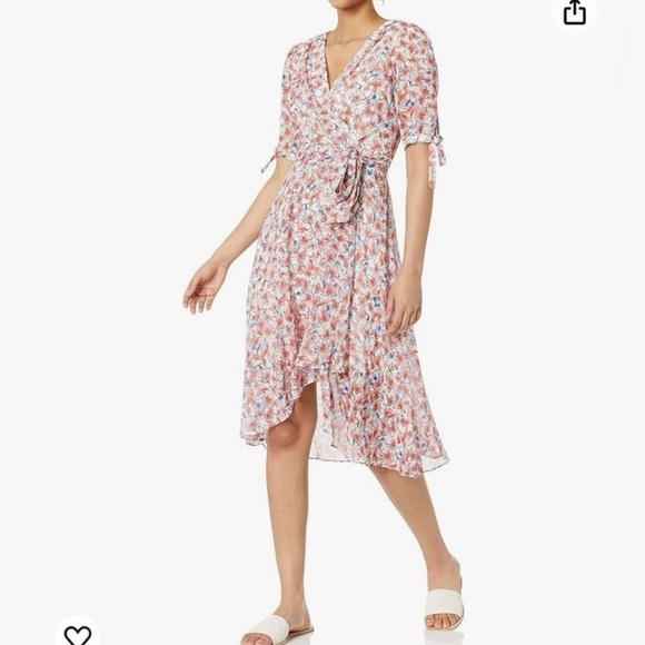 Tommy Hilfiger Sz 8 Coral Blue Floral Chiffon Flowy Lightweight Faux Wrap Dress - Picture 15 of 16